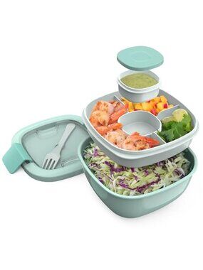 Salad Container - 54 oz Bowl with 4-Compartment Toppings Tray, Leak-Proof